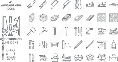 Woodworking Tools Line Icons Set