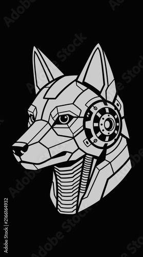 Robotic wolf head with headphones illustration.