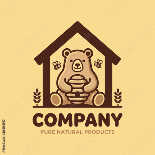 Brown bear in house holding honey pot logo.