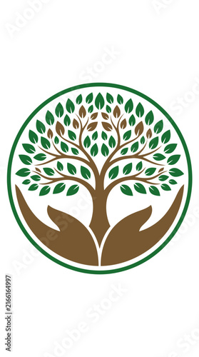 Tree emblem in a circle with hands cradling base.