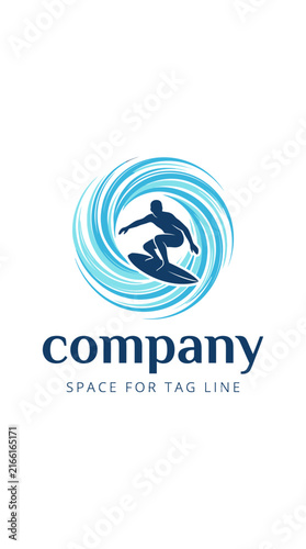 Blue surfer logo with spiral wave circle.