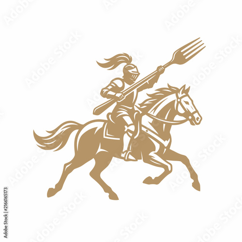 Knight on horse holding fork restaurant mascot logo.