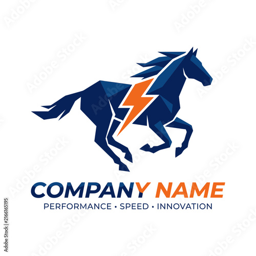 Blue horse with orange lightning bolt icon.