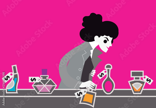 Quadro su tela woman with kleptomania stealing perfumes