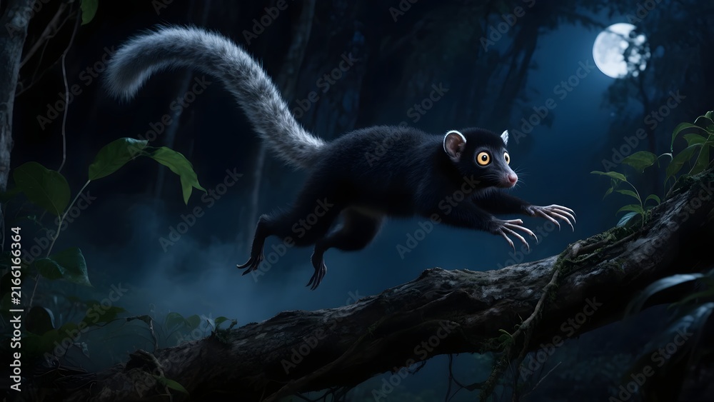 Naklejka premium Rare Aye-Aye Lemur Leaping Through Moonlit Madagascar Forest