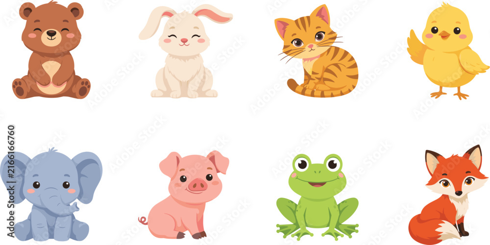 Fototapeta premium Cute Baby Animal Cartoon Character Vector Illustration Set Featuring Bear, Rabbit, Cat, Chick, Elephant, Pig, Frog, and Fox for Kids Graphic Designs