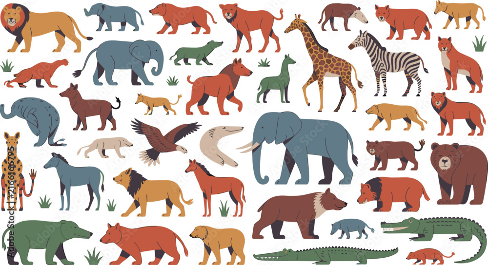 Fototapeta premium Wild Animal Character Vector Illustration Mega Set Featuring Lion Elephant Giraffe Zebra Bear Crocodile and Safari Wildlife Icons for Educational Nature Designs