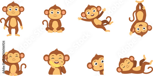 Photography Cute Monkey Cartoon Character Vector Illustration Set with Various Poses, Expres