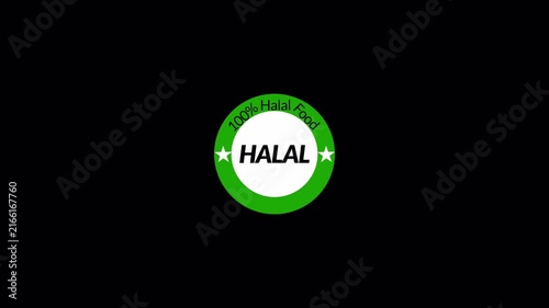 100% Halal stamp animation 4k animation with alpha channel  as a marker for food or beverages for Muslims on  transparent background 100% halal food sign animation give me 50 keyword in single digit