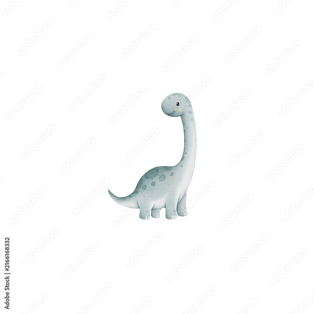 Fototapeta premium Cute watercolor diplodocus dinosaur clipart. Long neck baby dino isolated illustration.