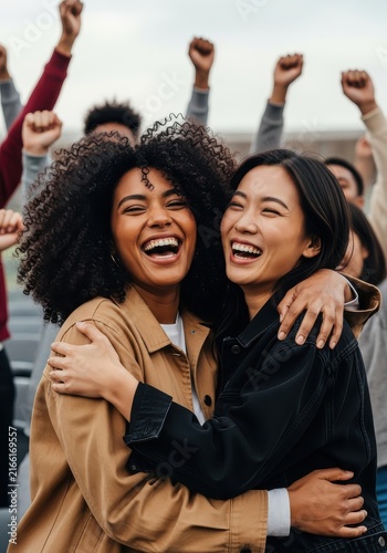 Diverse Young Women Hugging and Laughing at a Peaceful Protest or Rally with Raised Fists in Background