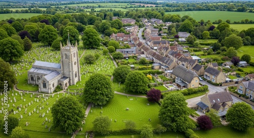 Aerial View of a Historic English Village with a Traditional Stone Church, Graveyard, and Quaint Cottages in the Countryside