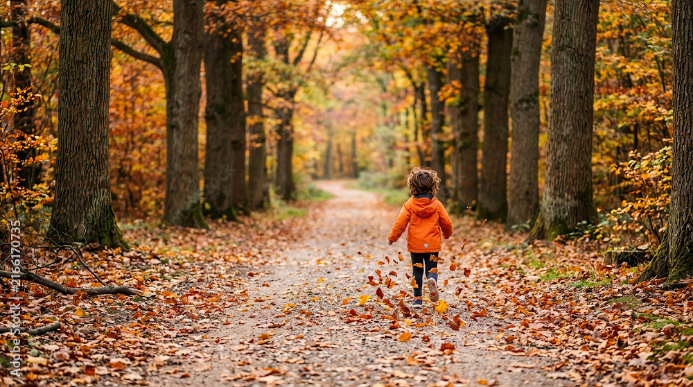 Fototapeta premium Young child in orange jacket running along a forest path covered with fallen autumn leaves