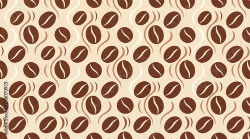 Seamless repeating vector pattern of roasted coffee beans and aroma steam
