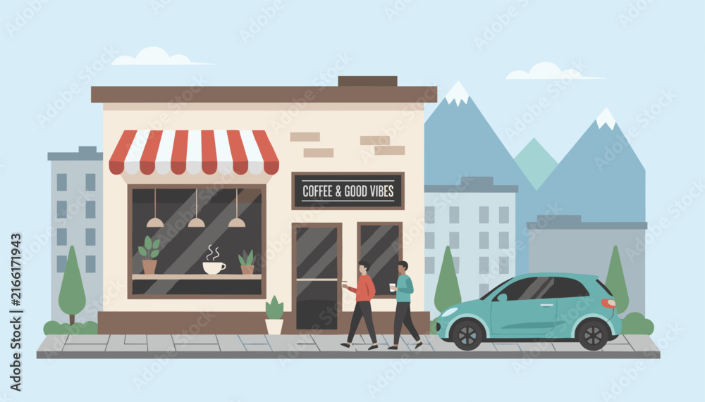 Naklejka premium Modern coffee shop exterior featuring a striped awning large window seating area people walking by and a car parked on the city street.