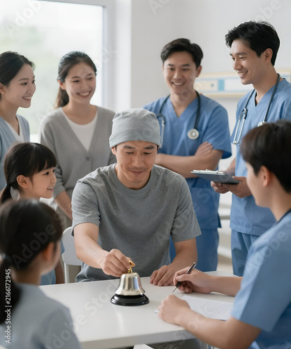 Cancer survivor ringing a hospital celebration bell surrounded by smiling family and medical staff, hopeful atmosphere, soft natural light and emotional healthcare photography