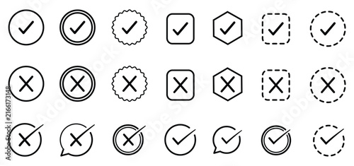 Check tick mark icon set. Cross box x check mark checkbox v list vector draw hand drawn sketch doodle brush marker checklist symbol wrong right circle.