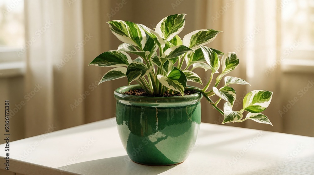 Fototapeta premium Variegated pothos plant sits in green ceramic pot. White table catches soft window light creating gentle shadows. Cozy home decor piece with lush green foliage.