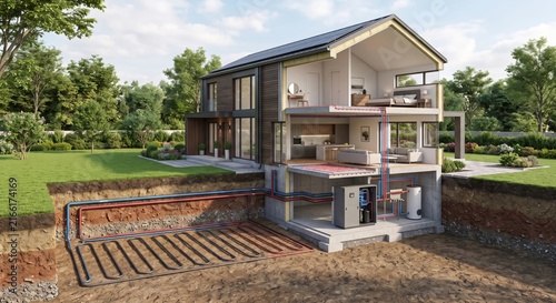 Geothermal heat pump system modern home energy efficient underground installation detailed cutaway view