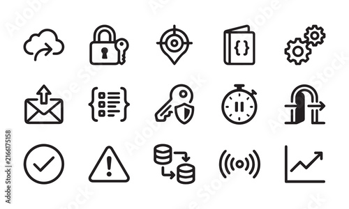 Foto Digital infrastructure and management line icons set black software system schema