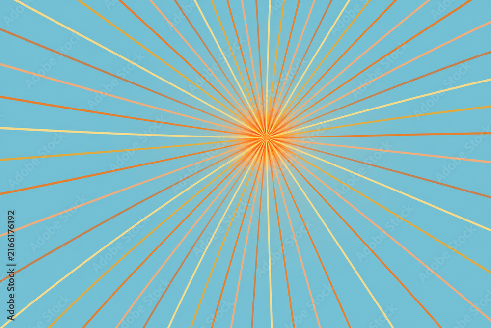 Obraz premium Retro sunburst background with orange radial rays, vintage pop art sunbeam pattern, blue and yellow starburst wallpaper