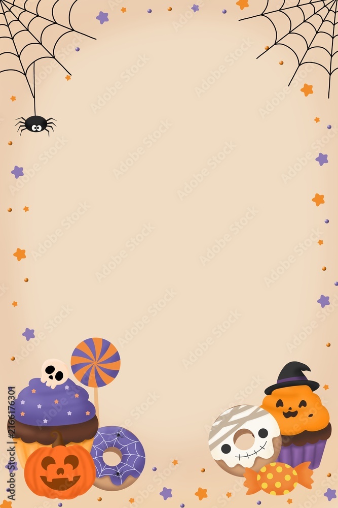 Fototapeta premium Cute vertical Halloween poster template featuring sweet cupcakes, mummy donuts, lollipops, candies, pumpkins, spider webs, and spiders on a beige background with text space.