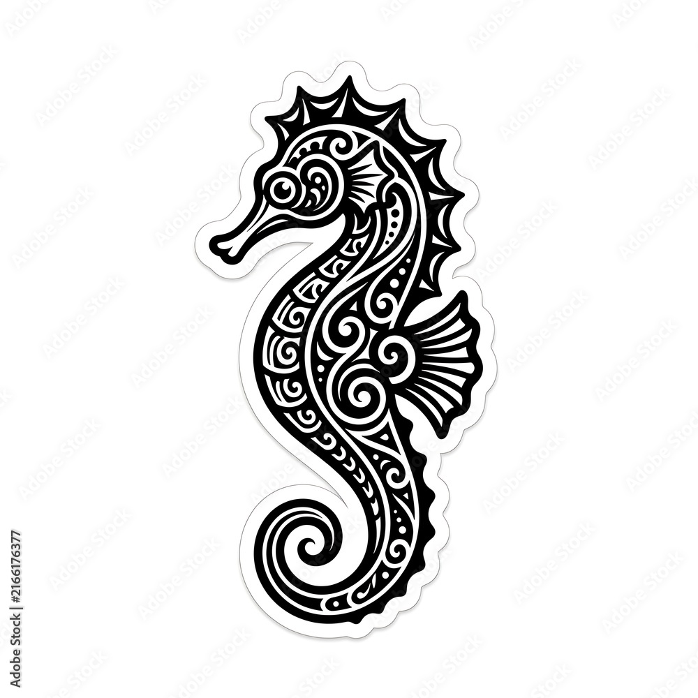 Obraz premium Seahorse Tattoo Art: An intricately designed seahorse, rendered in bold black and white tribal patterns, evokes the mystery and beauty of the ocean.