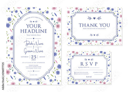 Blue Pink Floral Botanical Wedding Invitation Suite Vector Template