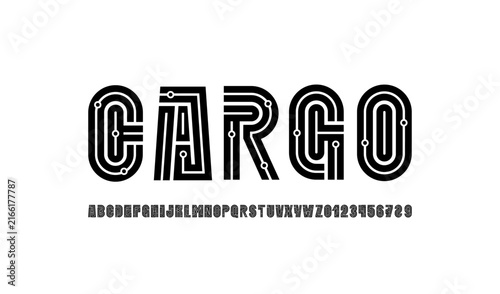 Logo font alphabet, tall letters A, B, C, D, E, F, G, H, I, J, K, L, M, N, O, P, Q, R, S, T, U, V, W, X, Y, Z and numerals 0, 1, 2, 3, 4, 5, 6, 7, 8, 9 made lines and dot, vector illustration 10EPS