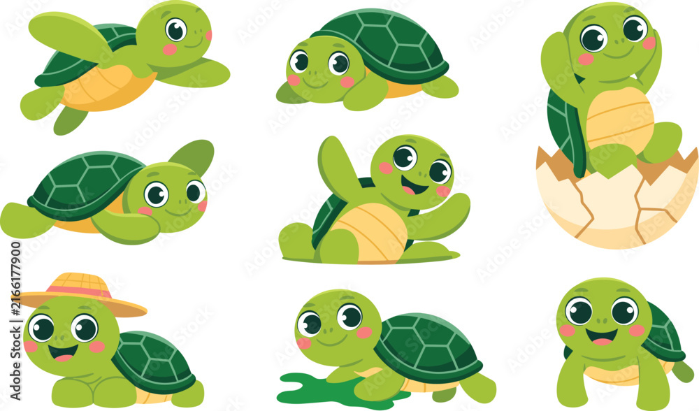Obraz premium Happy Kawaii Tortoise Mascot Vector Illustrations with Green Shell and Cheerful Expressions for Children Sticker Book Design Layouts