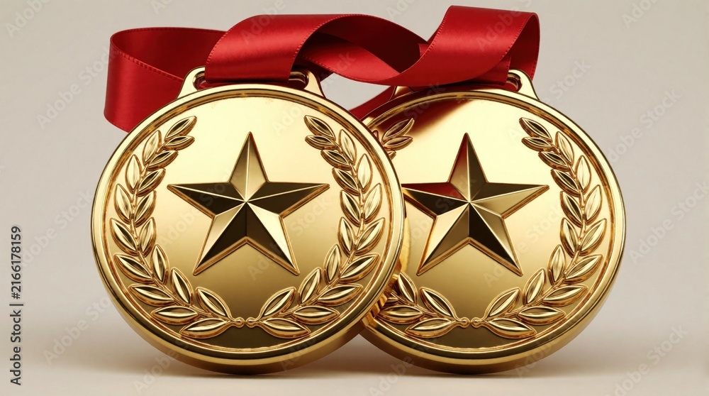 Fototapeta premium Two shiny gold medals with red ribbons. Round metal awards feature star emblem, laurel wreath design. Winner trophies for first place achievement, sports victory, competition success academic
