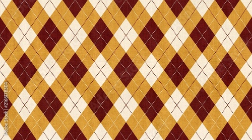 Classic maroon and gold argyle seamless pattern with fabric texture