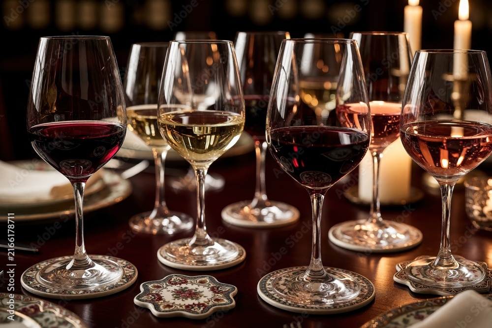 Fototapeta premium Assorted wine glasses filled with red white and rose wine sit on dark wood table. Decorative coasters hold glassware. Candles provide warm light for elegant dinner party.