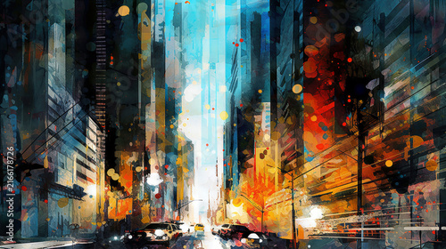 A vibrant digital painting of a modern cityscape skyline featuring tall skyscrapers and urban streets, blending bold brushstrokes with abstract light effects to create an energetic city vibe.