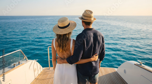 Couple in straw hats standing on a luxury yacht looking at the ocean during summer vacation