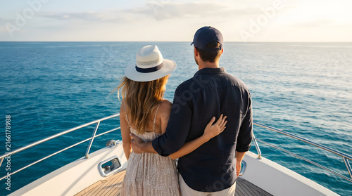 Couple standing on a yacht deck looking at the ocean during a sunny summer vacation trip.