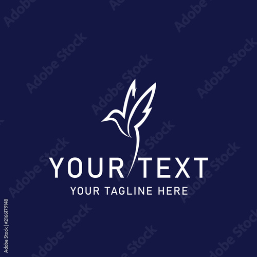 Minimal abstract line art bird logo template, white stylized avian emblem on solid navy blue background with placeholder text for business identity