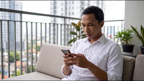 Smiling happy young Indonesian man holding cell mobile phone using smartphone sitting at home on couch, scrolling social media, checking financial apps, buying online, texting messages. 