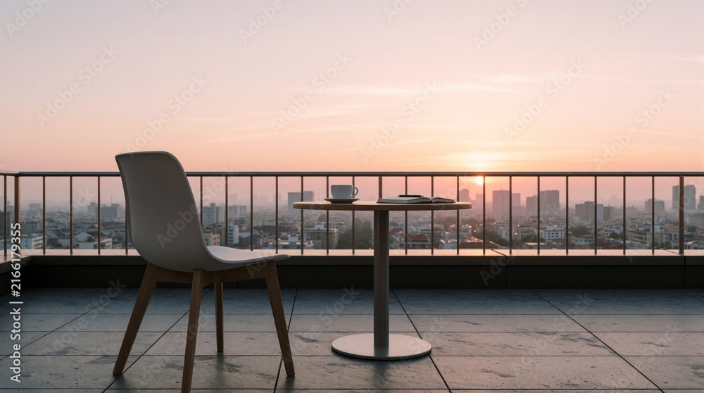 Fototapeta premium Modern minimalist setting on rooftop terrace at sunrise. White chair faces round table with coffee cup, open book. Cityscape unfolds beyond glass railing under hazy pastel sky. Tranquil light bathes