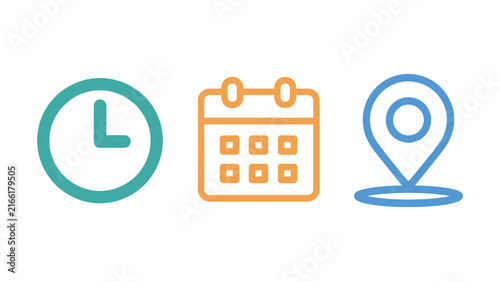 Calendar clock and location pin icons representing date, time, place, address, reminders, and notification services.