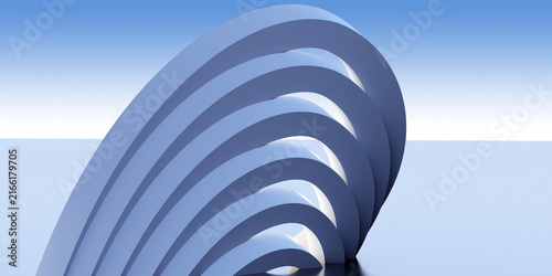 Foto Abstract 3D Render of Minimalist Curved Blue and White Arch Bridge Ribbed Struct