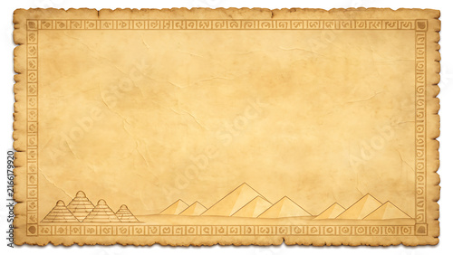 Old parchment paper with egyptian pyramid illustrations and ancient hieroglyphic border frame