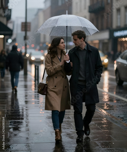 Couple sharing a transparent umbrella while walking through a rainy city street, wet pavement reflections, cinematic lighting, intimate atmosphere and luxury editorial photography