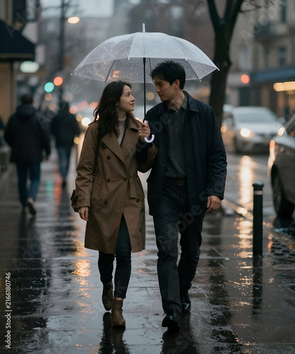 Couple sharing a transparent umbrella while walking through a rainy city street, wet pavement reflections, cinematic lighting, intimate atmosphere and luxury editorial photography