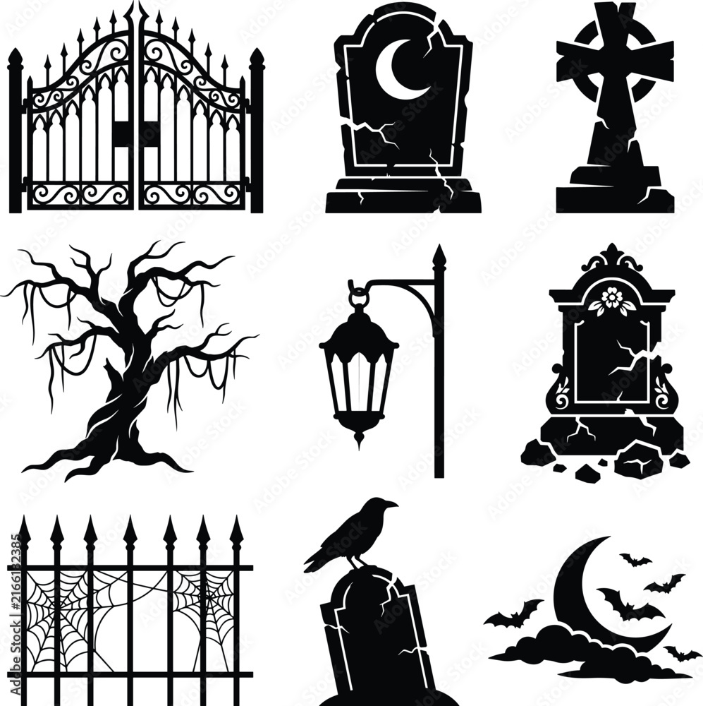 Naklejka premium Spooky Halloween Graveyard Silhouette Vector Set Tombstone Gate Raven Spooky Tree