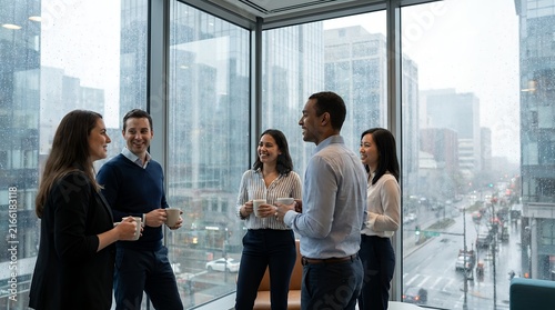 Business meeting at modern office with city view during a relaxed coffee break