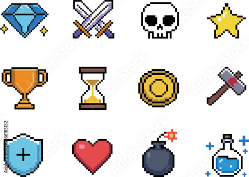 Pixel art video game asset icon set, 8 bit retro gaming weapons and items