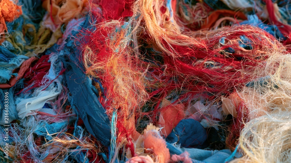Obraz premium Close-up of colorful recycled textile fibers for sustainable circular fashion industry