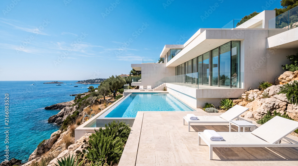 Fototapeta premium Villa contemporaine de luxe avec piscine face à la mer
