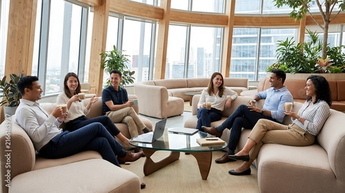 Business team relaxing and socializing in a modern bright office with city views